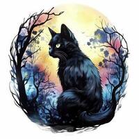 ai generado negro gato en de luna bosque. acuarela para camiseta diseño. ai generado foto