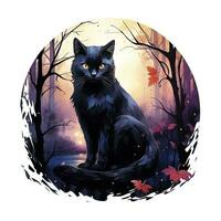 AI generated Black Cat in Moonlit Forest. Watercolor for T-shirt design. AI Generated photo