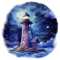 AI generated Lighthouse beside the sea at Night. watercolor for T-shirt design. AI Generated photo