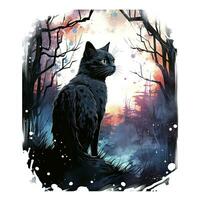 AI generated Black Cat in Moonlit Forest. Watercolor for T-shirt design. AI Generated photo