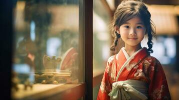 ai generado pequeño niña en un kimono mirando fuera de un ventana foto