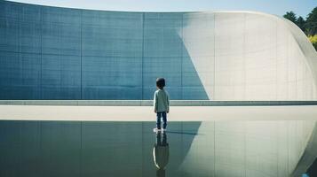 AI generated A Reflective Moment Young Boy Contemplating Life by the Pool photo