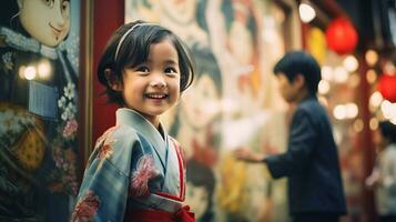 ai generado un joven niña en un kimono admirativo un obra maestra foto