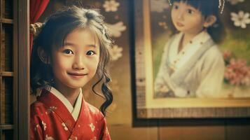ai generado un joven niña en un kimono poses en frente de un retrato foto