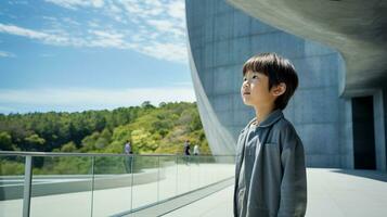 AI generated A Young Boy Standing in Front of a Building photo
