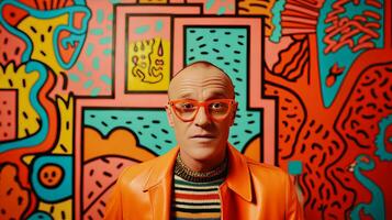 AI generated Colorful Wall with a Stylish Man Wearing Glasses photo