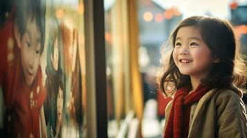 ai generado pequeño niña en pie en frente de un ventana foto