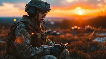 AI generated Soldier with a mobile phone on the background of the setting sun. photo