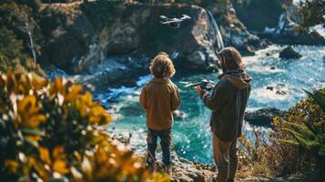 AI generated Father and son playing with drone in front of the waterfall. Travel and adventure concept. photo
