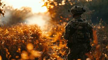 ai generado militar hombre en el campo a puesta de sol. especial efectivo soldado en acción. foto