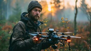 AI generated A man with a drone in the autumn forest. photo