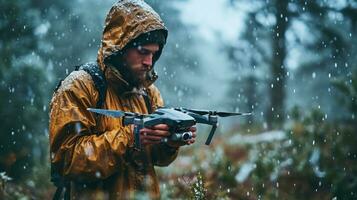 AI generated A man with a drone in the forest at winter with snow. Remote control. photo