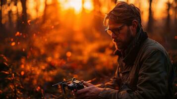 AI generated A man with a drone in the forest at sunset. The concept of remote control. photo