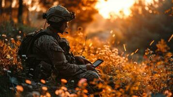 AI generated Soldier with a tablet in the field at sunset. Military concept. photo