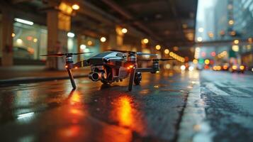 AI generated Drone with digital camera flying in the city at night. photo