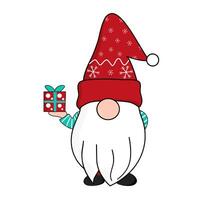 cute gnomes in red snowflakes Santa clause hat holding gift box up in hand. celebrate Christmas and New year. vector. photo