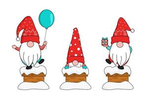 linda Tres gnomos en rojo copos de nieve Papa Noel cláusula sombrero espectáculo arriba desde cubierto de nieve Chimenea participación regalo caja y flotante globo. saludo y celebrar Navidad y nuevo año. vector foto