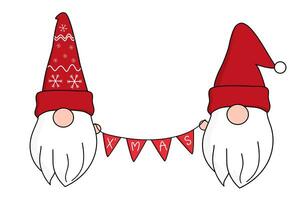 linda dos gnomos en rojo Papa Noel cláusula sombrero participación triángulo banderas juntos celebrar Navidad y nuevo año. vector. foto