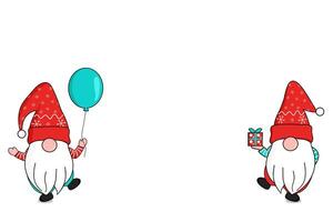 linda dos contento gnomos en rojo copos de nieve Papa Noel cláusula sombrero en pie en uno pie participación regalo caja y flotante globo a el inferior esquina. saludo celebrar Navidad y nuevo año. vector foto