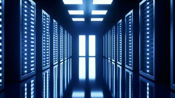 azul servidor sala, grande dados e Internet comunicação tecnologia, 3d Renderização. video