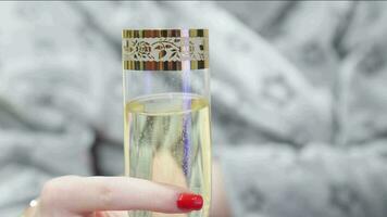 Woman's hand holds glass of champagne, close-up. video