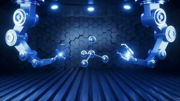 Molecule with mechanical arms in the neon background, 3d rendering. video