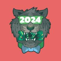 Tiger character bitting 2023 using 2024 glasses vector illustration. Celebration design concept.