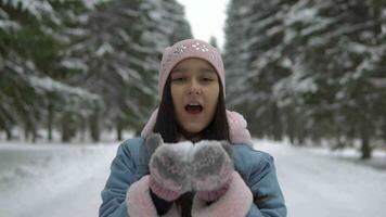 a menina golpes fora a neve com luvas e sorridente enquanto em pé dentro a inverno floresta video