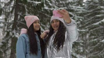 dos hermosa novias en un bueno estado animico tomar un selfie utilizando un teléfono inteligente mientras en pie en un invierno bosque y sonrisa. lento movimiento hd video