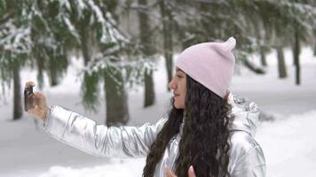 skön ung flicka framställning selfie använder sig av smartphone medan stående i de vinter- skog. 4k video
