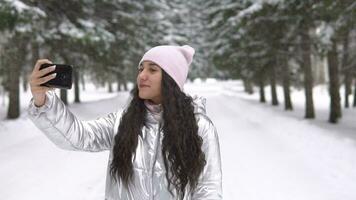 lindo menina faz selfie usando uma Smartphone dentro a inverno floresta video