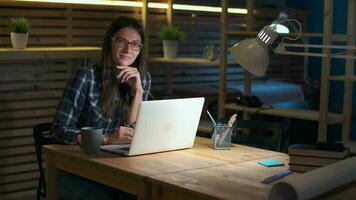 Creative Business Team, Business Project, Hipster Businessmen, Remote Work, Freelance Working. Portrait of a creative business woman sitting at a table in a loft office. video