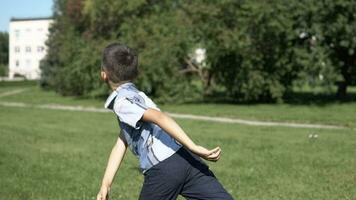 el pequeño chico carreras un juguete avión en el parque en soleado clima. lento movimiento. hd video