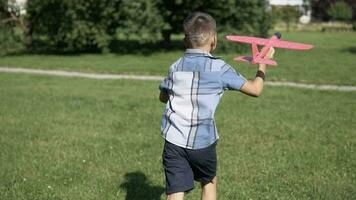 wenig Junge ist Starten ein Spielzeug Flugzeug im das Park im sonnig Wetter haben ein gut Stimmung. schleppend Bewegung. Junge Pilot video