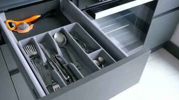 cutlery fork with knife and spoon in a drawer video