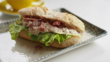 Sandwich mit geräuchert Hähnchen Salami auf Tabelle video