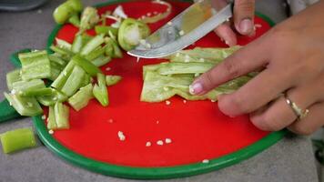 Frauen Hand Schneiden Grün Paprika auf ein Hacken Tafel video