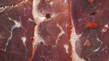 top view of Sliced ham bacon meat video