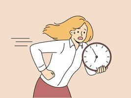 Running woman is holding clock and is nervous trying to comply with deadlines and complete work on time. Business woman making career as manager is in hurry to not be late and meet deadlines. vector