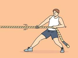 Strong man pulls rope while participating in sports competitions with rivals or training in fitness club. Strongman pulls rope alone, wanting to win tournament and get prize cup or medal. vector