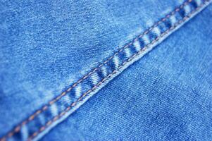 Flat lay, denim jeans leg seam detail, background texture. photo