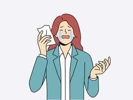 Upset woman crying wiping tears with paper napkin after business went bankrupt due to financial crisis. Sad businesswoman crying and needing support to solve psychological problems vector