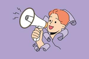 Man shouts into megaphone, sticking head out of hole in paper and calling for attention to advertising campaign. Guy with megaphone in hand symbolizes activism in order to draw attention to problems vector