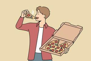 hombre picaduras dentro Pizza y sostiene caja desde italiano pizzería, disfrutando gusto de Fresco comida entregado desde restaurante. chico satisface apetito o hambre con delicioso Pizza con pepperoni y hongos vector