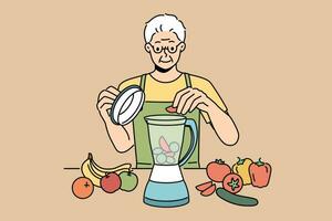 Elderly man uses blender and prepares smoothies from fresh fruits and vegetables in order to stay healthy. Retired man prepares smoothies and follows vitamin diet prescribed by nutritionist doctor vector