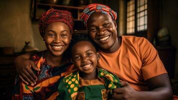 africano contento familia en el vivo habitación en el luz foto