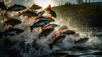 A herd of salmon leaped from the swift river Its silver scales glistened in the sunlight photo