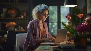 Mature woman designer working in the house studio with comfortable photo