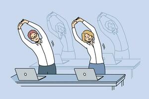 Office workers do exercises standing at workplaces and stretching arms up. Business men and women doing office fitness to increase work productivity or fight diseases associated with sedentary work vector