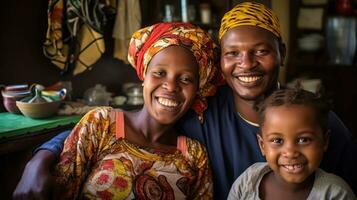 africano contento familia en el vivo habitación en el luz foto